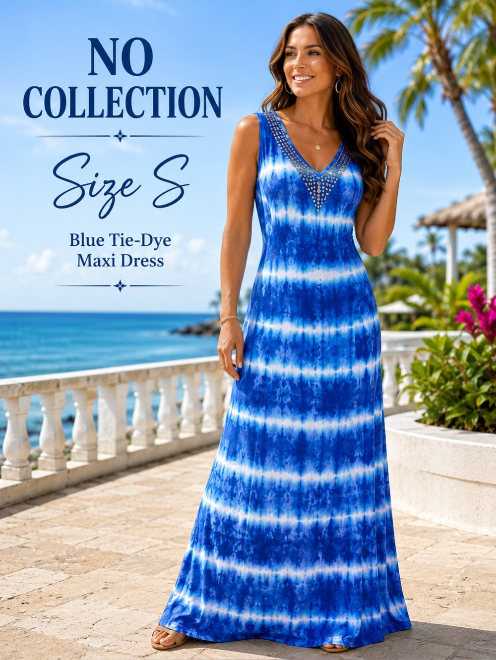 No Collection Blue Tie Dye Studded V-Neck Maxi Dress Size Small